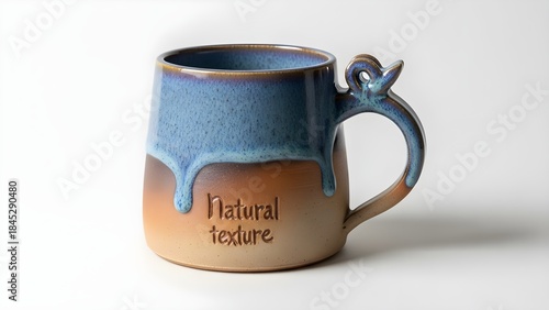 Ceramic mug with unique glaze pattern and handle isolated on white backdrop