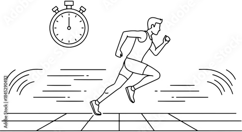 Runner racing on a track with a stopwatch symbolizing speed and competition Vector