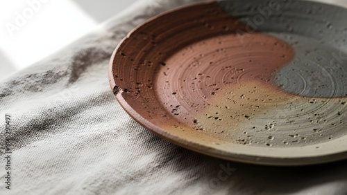 Ceramic plate on linen cloth artistic dishware with natural textures