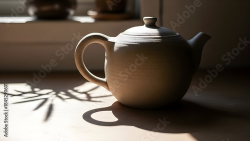 Ceramic teapot on wooden surface with sunlight and shadow detail