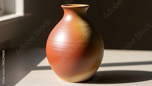 Ceramic vase illuminated by sunlight showing detailed texture and form