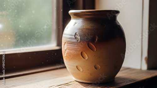 Ceramic vase on wooden surface near window in natural light