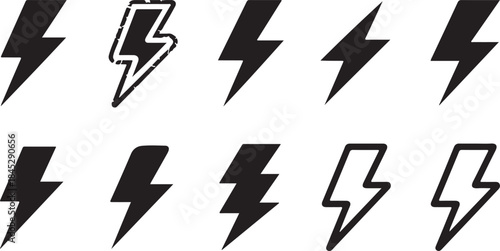 Collection Of Lightning Bolt Icons In Different Styles And Designs Keywords: lightning bolt, thunderbolt, electricity, power, energy, symbol, icon, set, collection, graphic, design, illustration