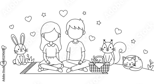 A boy and a girl enjoy a picnic with animal friends Vector