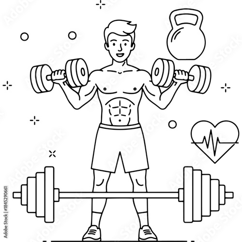 Man lifting weights to build muscle and improve health Vector