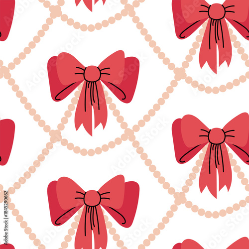 Seamless pattern with red double bows draped with pearl garlands. Flat style print, ideal for gift wrapping paper, festive fabric, or elegant digital background.