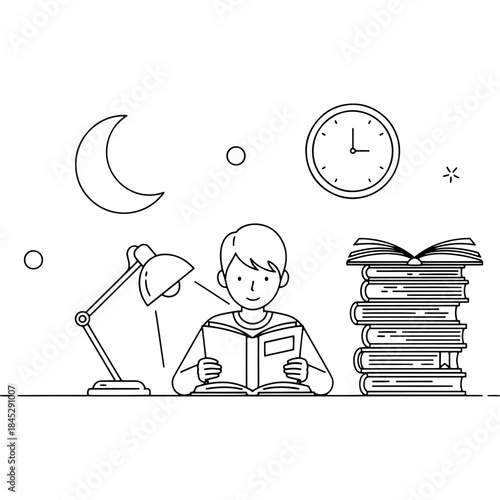 A student diligently studies late into the night Vector