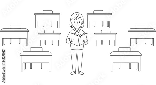 Teacher standing in classroom holding a book Vector