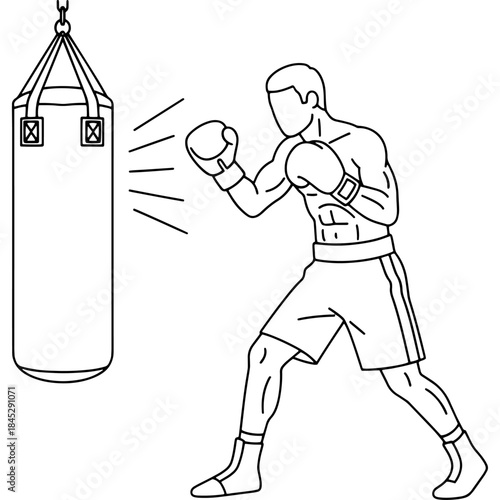 Boxer practicing punches on a punching bag in a minimalist line drawing Vector