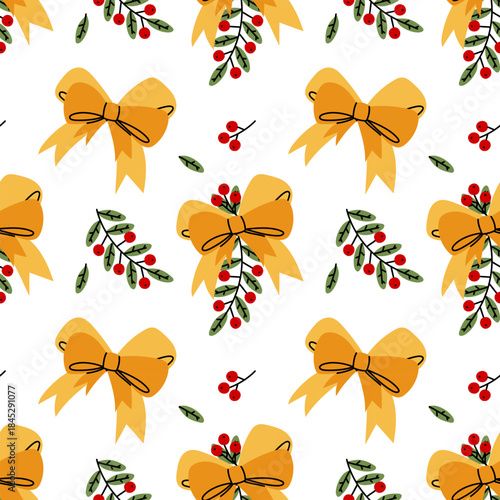 Seamless pattern with double orange and yellow bows decorated with branches and red berries. Randomly scattered. Flat-style print perfect for holiday wrapping paper, fabric, or digital backgrounds.