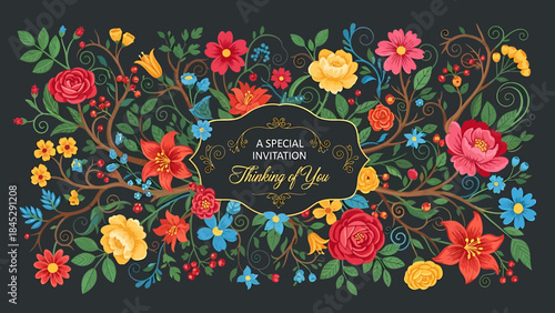 Elegant floral border with a decorative plaque reading 'A Special Invitation Thinking of You' on a dark background, perfect for invitations or cards