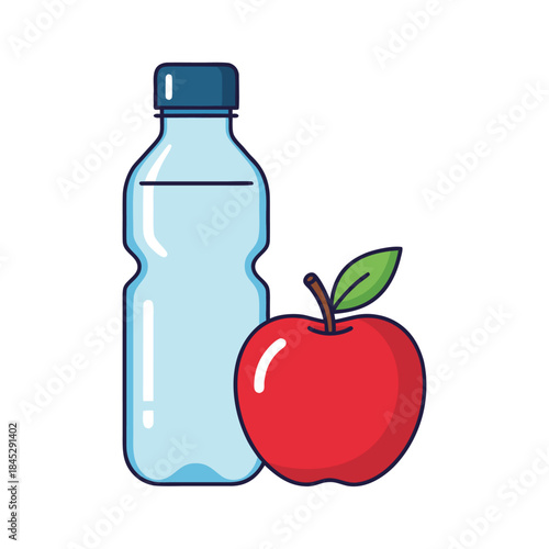 Healthy Lunch Concept With Plastic Water Bottle And Fresh Apple