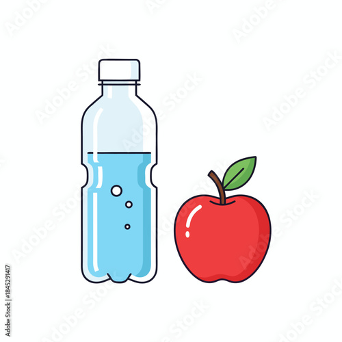 Sparkling Mineral Water Plastic Bottle And Red Apple Fruit Vector Illustration