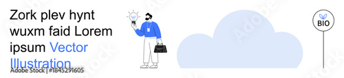 Innovation, sustainability, environmental awareness, eco-friendly concepts, clean energy, green living. A man holding a light bulb near a cloud and bio sign. Innovation and sustainability concept