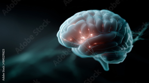 A glowing human brain with highlighted frontal lobe activity, surrounded by abstract plexus lines and nodes representing neural connections and data flow. The composition visualize