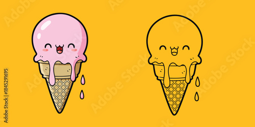 Cute kawaii ice cream cones with dripping melts colored and outline versions