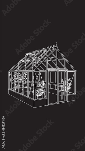 Minimalist Glasshouse Structure with Exposed Framework and Glass Panes.