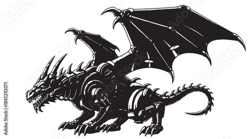 Intricate black and white dragon illustration with fierce wings and detailed scales.