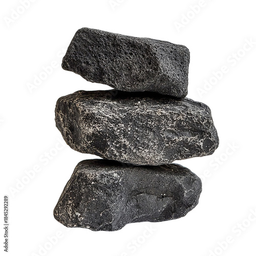 Three dark gray stones stacked Isolated transparent on white background