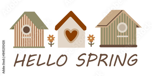 Hello Spring Banner Spring illustration with birdhouses and flowers Vector EPS10