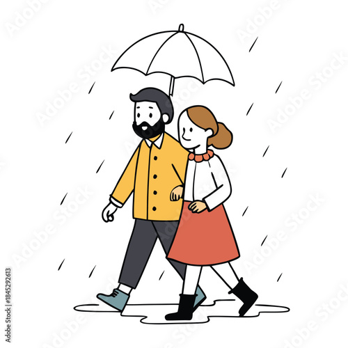 A romantic couple embraces under the gentle rain, sharing warmth and smiles, as raindrops create a dreamy, heartfelt moment of love and togetherness.
