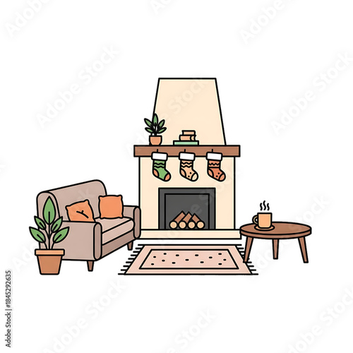 Cozy living room with fireplace and winter decor.