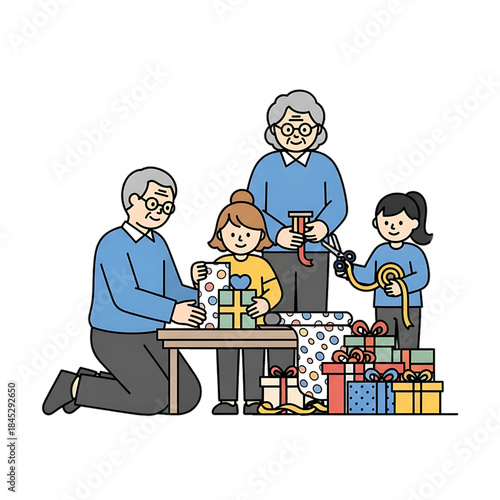 Family gathered around table unwrapping gifts.
