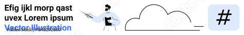 Person pointing to data, holding clipboard alongside cloud and metadata tag graphic elements. Ideal for cloud computing, data sharing, communication, analytics, networking, presentations, simple
