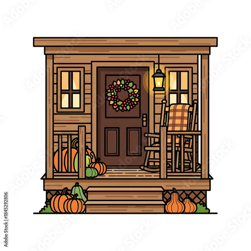 Small cozy wooden porch decorated for holidays.
