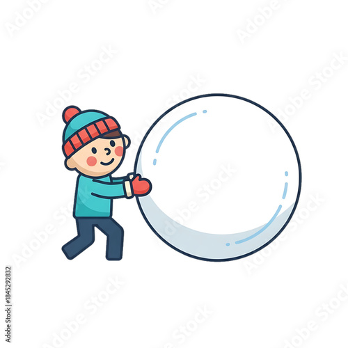 Child pushing a giant snowball across the ground