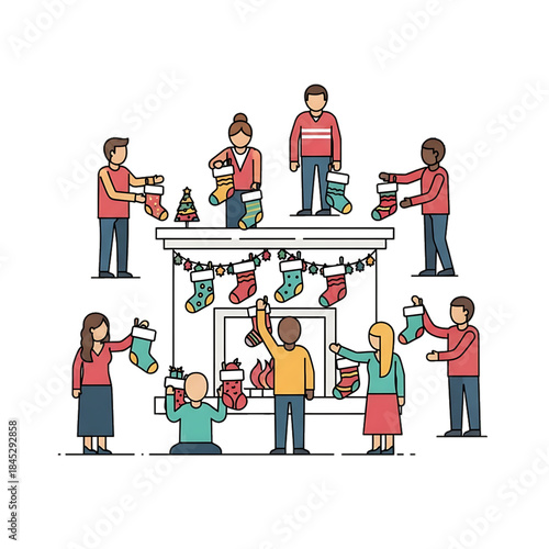 People decorating a large fireplace together.