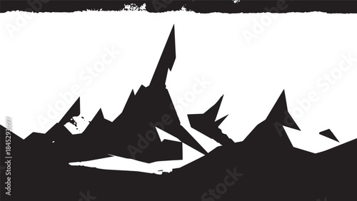 Monochrome silhouette of rugged mountain range forming a stark dramatic landscape scene.