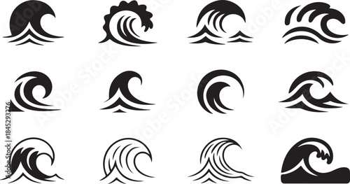 Collection of Twelve Stylized Black and White Ocean Wave Icons water surf