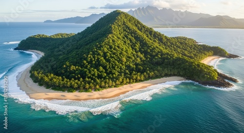 Majestic lush green island paradise with sandy beaches and turquoise ocean waves