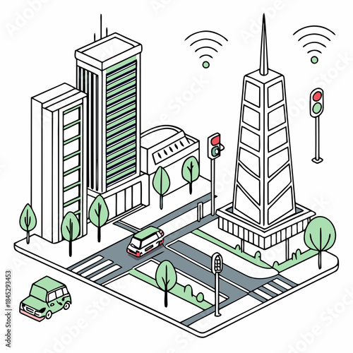 Isometric illustration of a futuristic smart city with modern architecture and wireless network signals