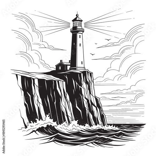 Lighthouse Perched on a Craggy Cliff Overlooking Turbulent Seas in Monochrome Sketch.