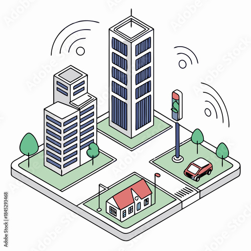 Isometric illustration depicting a smart city network with buildings and wireless signals