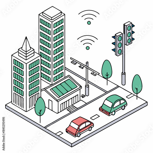 Isometric illustration of a modern smart city with skyscrapers, cars, and wifi signals