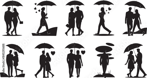 Couple Silhouettes Walking Under Umbrellas with Heart Accents love romance