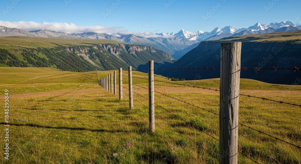 Fototapeta premium Wooden fence posts line a grassy field with a dramatic mountain valley in the background