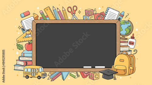 Blank chalkboard blackboard surrounded by school supplies and educational elements, ready for text or drawings