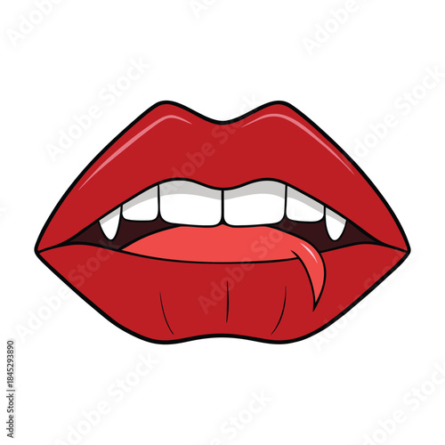 Dark, seductive vampire lips with a glossy sheen, hinting at fangs and mystery, dripping allure and a touch of danger in a hauntingly captivating style.
