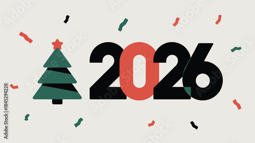 Celebrate the festive 2026 New Year with a Christmas tree and confetti