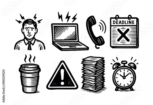 A collection of hand-drawn doodle icons illustrating concepts of work stress, business pressure, deadlines, and information overload — stock vector.