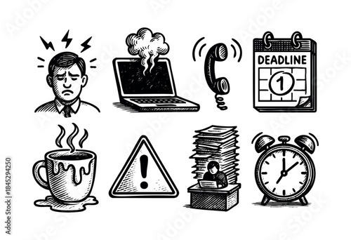 A collection of hand-drawn doodle icons illustrating concepts of work stress, business pressure, deadlines, and information overload — stock vector.
