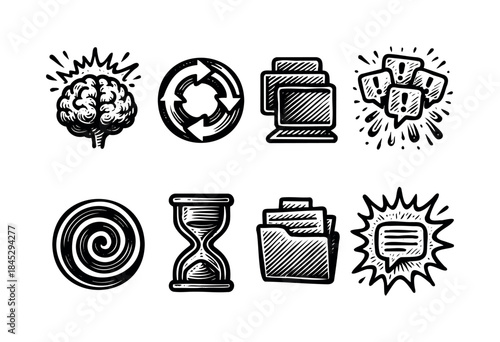 A black and white graphic collection featuring hand-drawn icons for brainstorming, cycles, computers, communication, focus, time, and documents.