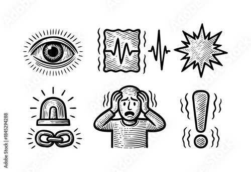 A collection of hand-drawn icons representing concepts such as stress, anxiety, alert, monitoring, and emergency with a distressed, scratchy aesthetic — stock vector.
