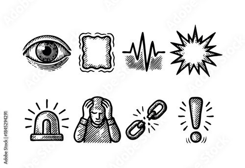 A collection of hand-drawn engraved style icons depicting concepts like observation, alerts, stress, and critical situations on a white background — stock vector.