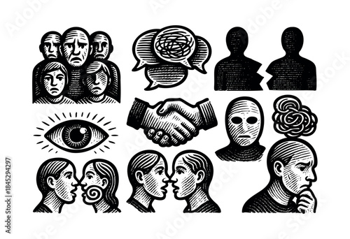 A collection of stylized black and white vector icons representing human emotions, communication, relationships, and psychological states in a woodcut style — stock vector.