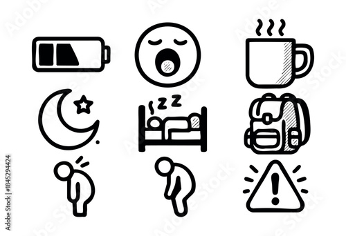 A set of hand-drawn vector icons depicting common daily struggles, including fatigue, sleep, low energy, back pain, and warning signs — stock vector.